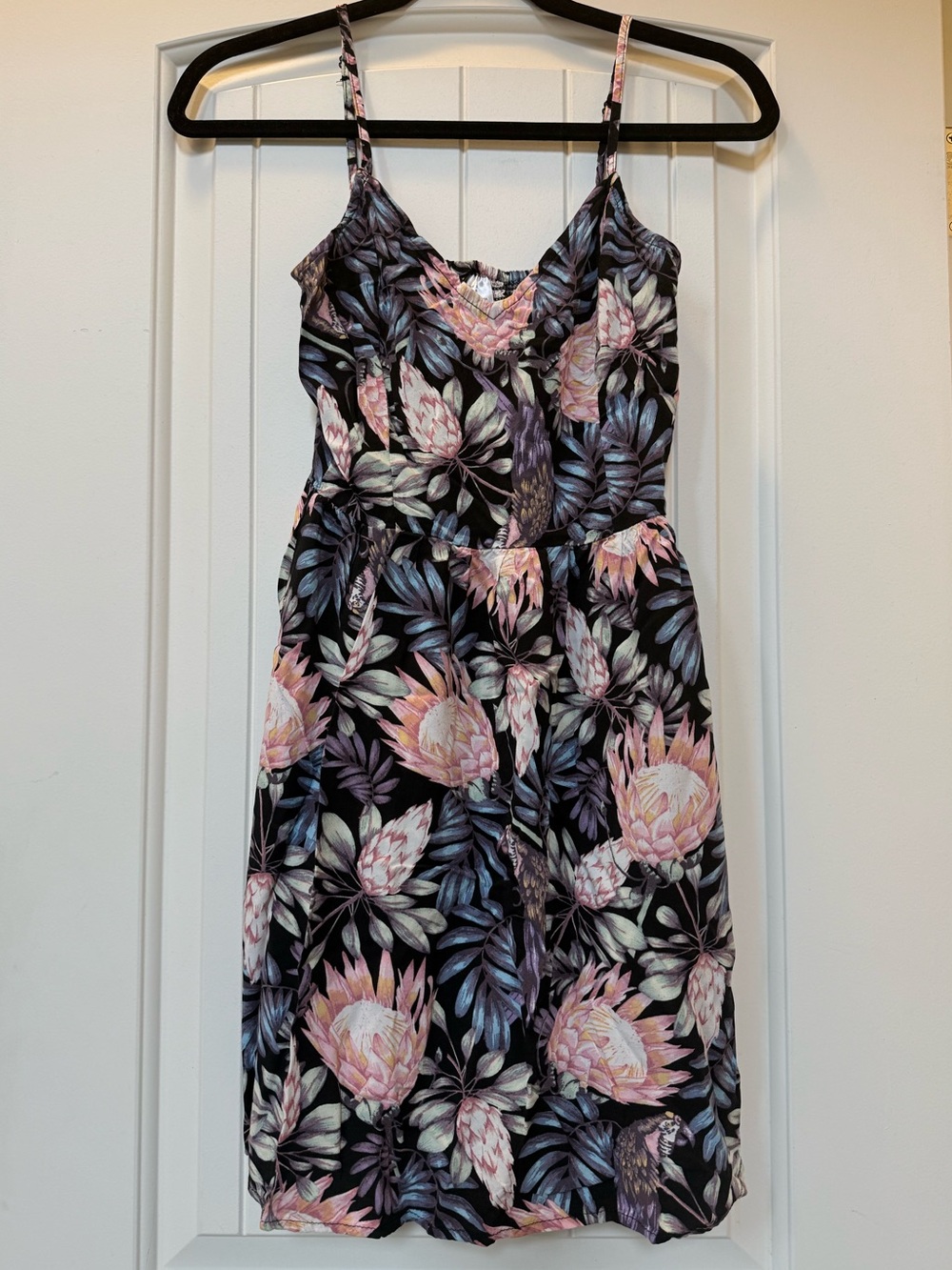 H&M Black Midi Dress with Pink Floral Print